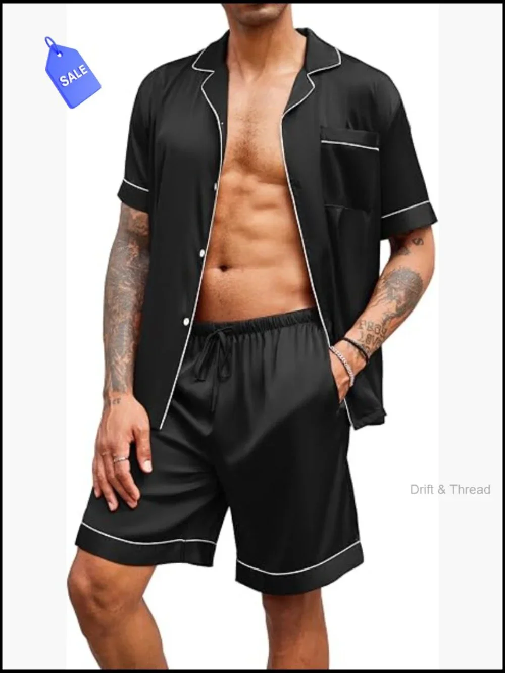 Men's Satin Pajama Set - Button Down Shorts Sleepwear Silk PJs with Pockets